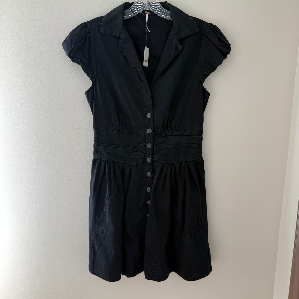 Free People Black Cotton Puff Sleeve Button Front Mini Dress OB1749679 XS